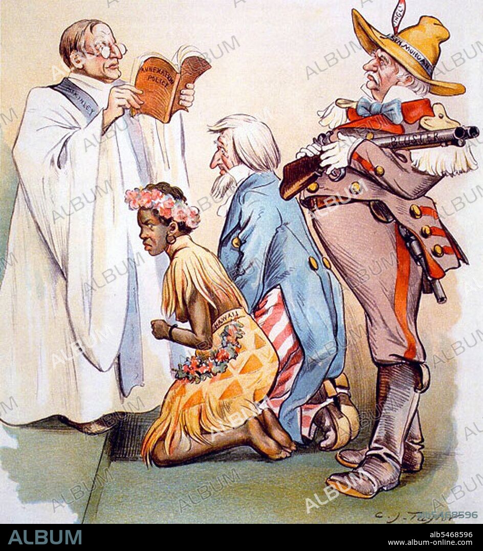 The preacher is President McKinley. The shotgun is toted by J. P. Morgan, financier. The bride is visibly displeased and would be happy to make a run for it. In March 1897, William McKinley succeeded Grover Cleveland as president. He agreed to a treaty of annexation for Hawaii but it failed in the Senate because petitions from the islands indicated lack of popular support and would be in violation of international law. A joint resolution was written by Congressman Francis G. Newlands to annex Hawaii in violation of Hawaii's Sovereign Rights. McKinley signed the Newlands Resolution which illegally annexed Hawaii on July 7, 1898 to become the Territory of Hawaii. On February 22, 1900 the Hawaiian Organic Act established a territorial government with Sanford Dole, the former President of the Republic of Hawaii, appointed governor by the US President. The territorial legislature convened for the first time on February 20, 1901. Some Hawaiian people formed the Hawaiian Independent Party, under the leadership of Robert Wilcox, the first congressional delegate from Hawaii. The overthrow of the kingdom and the subsequent annexation has been called the first major instance of American imperialism.