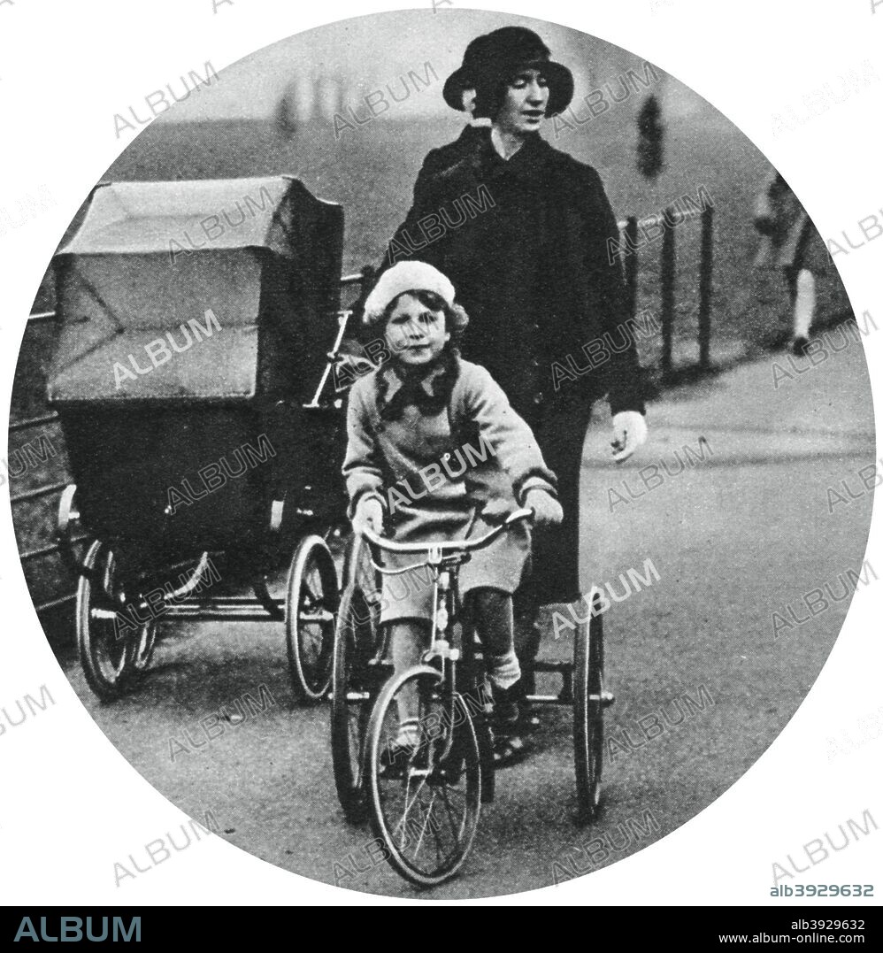 Princess Elizabeth riding a tricycle, March 1932, (1937). The future Queen Elizabeth II (1926-). A print from the Illustrated London News: Coronation Record Number, (London, 1937).