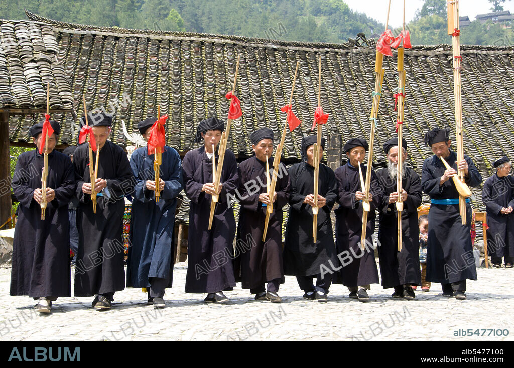 The lusheng (also spelled lu sheng; spelled qeej and pronounced gaeng in the Hmong language) is a Chinese musical instrument with multiple bamboo pipes, each fitted with a free reed, which are fitted into a long blowing tube made of hardwood. It most often has five or six pipes of different pitches, and is thus a polyphonic instrument. It comes in sizes ranging from very small to several meters in length. The Miao are a linguistically and culturally related group of people recognized by the government of the People's Republic of China as one of the 55 official minority groups. Miao is a Chinese term and does not reflect the self-designations of the component sub-groups, which include (with some variant spellings) Hmong, Hmu, A Hmao, and Kho (Qho) Xiong. The Miao live primarily in southern China, in the provinces of Guizhou, Hunan, Yunnan, Sichuan, Guangxi, Hainan, Guangdong, and Hubei. Some members of the Miao sub-groups, most notably Hmong people, have migrated out of China into Southeast Asia (northern Vietnam, Laos, Myanmar (Burma) and Thailand). Following the communist takeover of Laos in 1975, a large group of Hmong refugees resettled in several Western nations (United States, France, Australia, and elsewhere.).