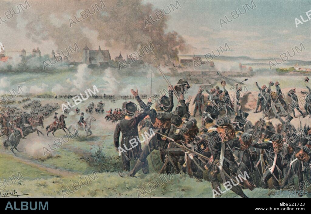'Reappearance of Napoleon on the Field Before Ratisbon', 1809, (1896). The Battle of Ratisbon, also called the Battle of Regensburg, was fought on the 23 April 1809 in south-east Germany, during the Napoleonic Wars, between the army of the First French Empire, led by Napoleon I, and that of the Austrian Empire, led by Archduke Charles. Typogravure after the aquarelle by F De Myrbach. From Life of Napoleon Bonaparte, Volume III, by William Milligan Sloane. [The Century Co., New York, 1896].