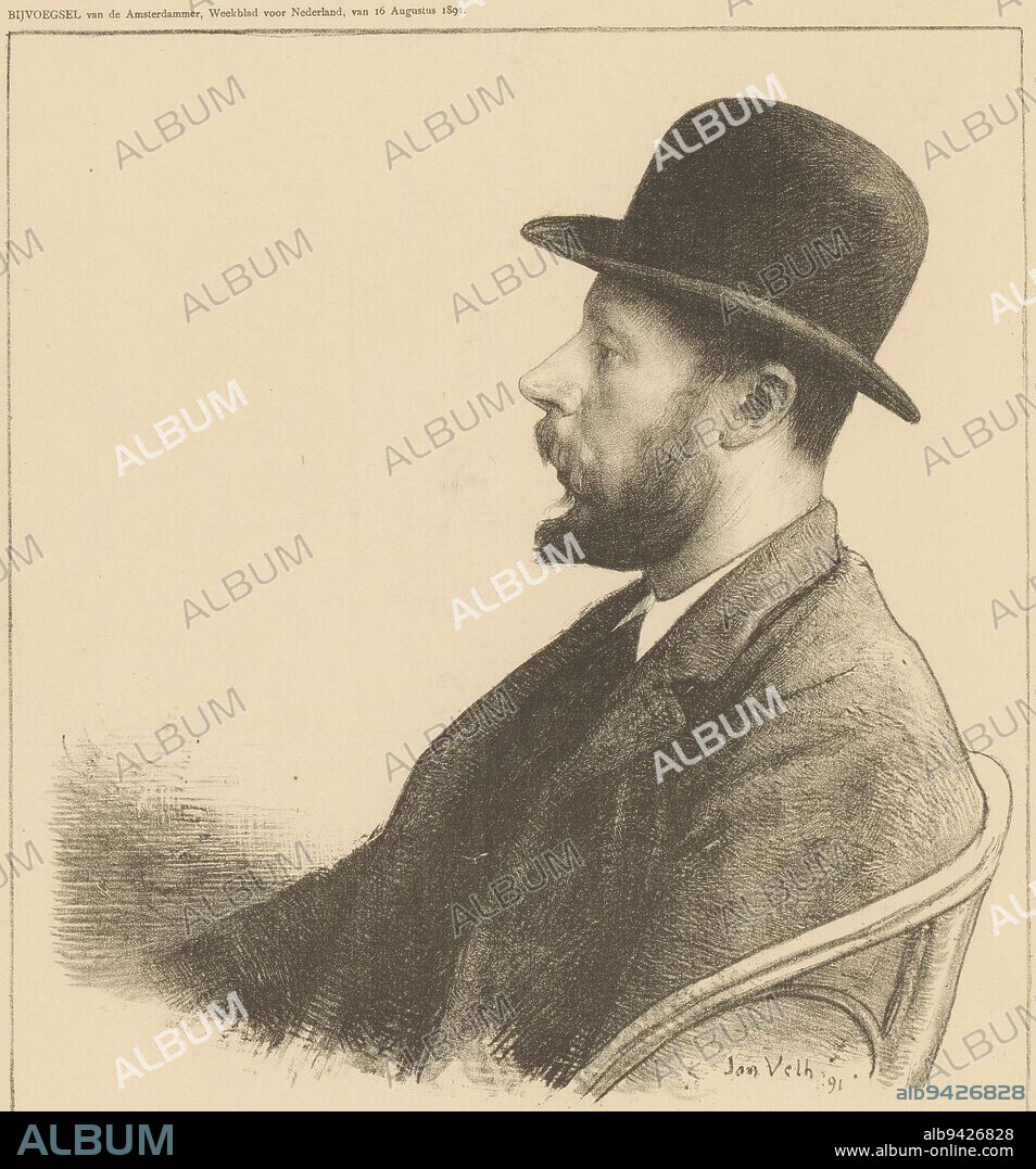 Portrait of George Hendrik Breitner G. H. Breitner Famous contemporaries , print maker: Jan Veth, (mentioned on object), printer: Amsterdamsche Boek- en Steendrukkerij v/h Ellerman Harms & Co., (mentioned on object), Amsterdam, 1891, paper, h 428 mm × w 290 mm.