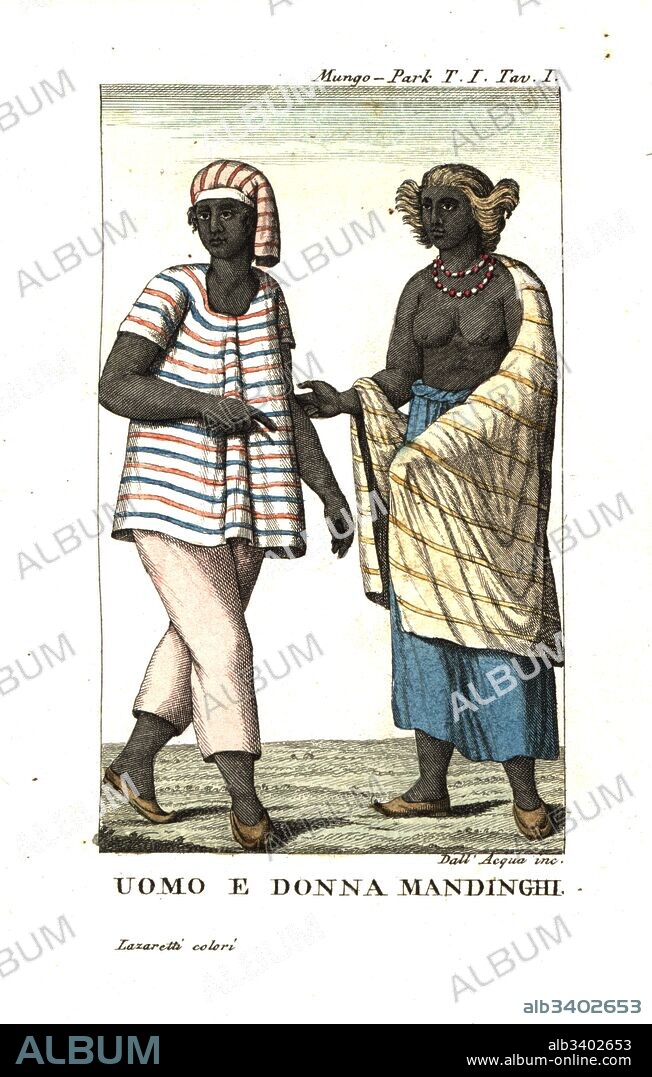 Mandinka (Mandingo) man and woman of West Africa. From Mungo Park's Travels in the Interior of Africa. Copperplate engraving by Dell'Acqua handcoloured by Lazaretti from Giovanni Battista Sonzogno’s Collection of the Most Interesting Voyages (Raccolta de Viaggi Più Interessanti), Milan, 1815-1817.