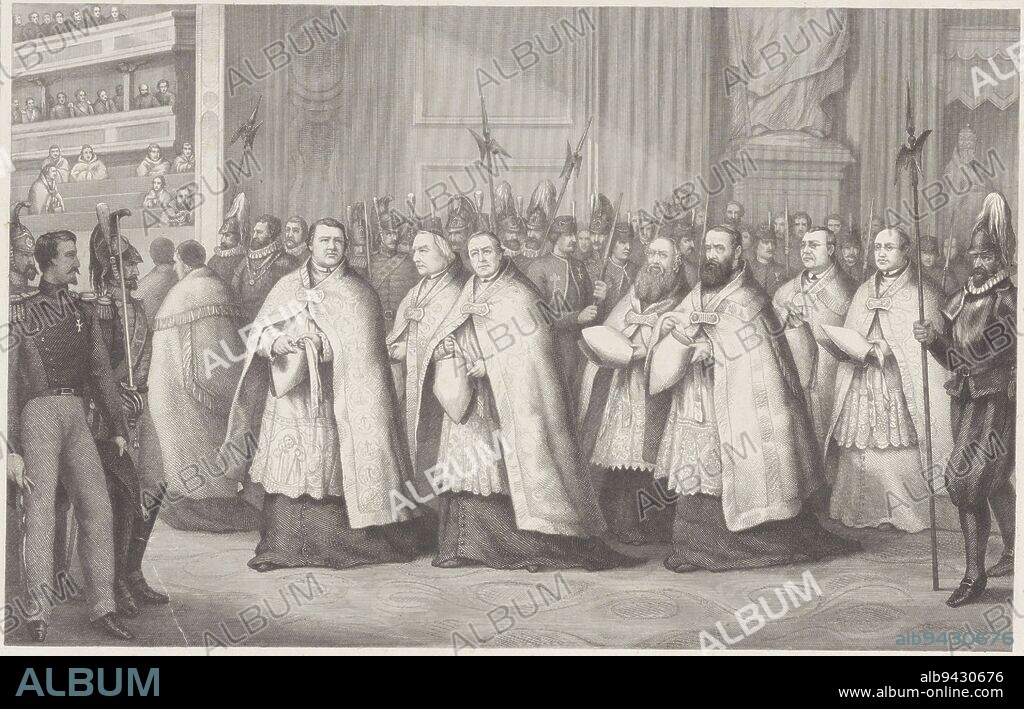 The seven Dutch bishops present at the First Vatican Council held in Rome from 8 December 1869 to 20 September 1870 during the pontificate of Pope Pius IX. From left to right: Msgr. A.J. Schaepman, archbishop of Utrecht, Msgr. J. Zwijsen, bishop of Den Bosch, Msgr. G.P. Wilmer, bishop of Haarlem, Msgr. A.J. Pluijm, apostolic vicar of Constantinople, Msgr. H.W. Steins-Bisschop, apostolic vicar of Calcutta, Msgr. P.M. Vrancken, apostolic vicar of Batavia and Msgr. H.J.A. van Ewijk, apostolic vicar of Curaao, Dutch Bishops at the First Vatican Council of 1869-1870 Docete Omnes Gentes! The seven Dutch bishops who took part in the Vatican Council , print maker: Edouard Taurel, (mentioned on object), Edouard Taurel, (mentioned on object), publisher: C.L. van Langenhuysen, (mentioned on object), Netherlands, 1870, paper, steel engraving, h 348 mm × w 450 mm.