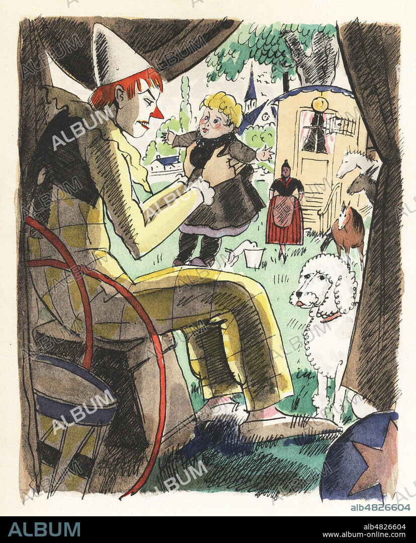 LE DONNEUR D'EAU BENITE: JEan, enfant enleve par des saltimbanques, Nouvelle de Guy de MAUPASSANT, parue en 1876 dans La MOsaique, Illustration de Pierre FALKE (1884-1947), in Oeuvres Completes de MAUPASSANT (en 15 volumes) , edition Librairie de France, 1935, Exemplaire Original conserv dans nos collections. Credit Collection KHARBINE TAPABOR.