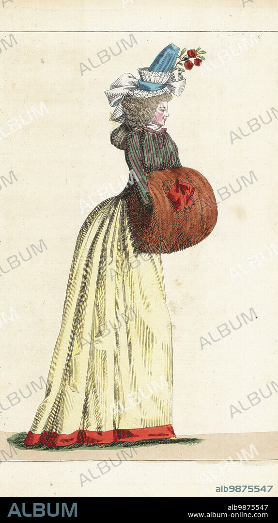 Woman in sky-blue bonnet with lace pleats and fake flowers in nakara, striped satin corset, fichu en chemise, hair in ringlets, straw-yellow satin petticoat, Siberian fox muff. Handcoloured copperplate engraving from Jean-Antoine le Brun or Lebrun-Tossas Journal de la Mode et du Gout, previously Cabinet des Modes, Chez Buisson, Paris, and Joseph le Boffe, London, 30me Cahier, 15 December 1790.