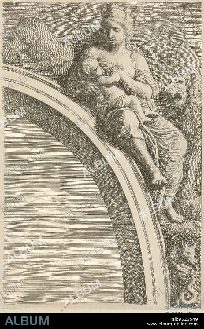 Relief with Cybele as personification of the element Earth above arch in the Civic Hall of the Stadhuis on Dam Square, Hubert Quellinus, after Artus Quellinus (I), 1663 - 1668, Relief with Cybele as personification of the element Earth above the right (southern) arch on the east side of the Civic Hall in the Stadhuis on Dam Square in Amsterdam. At her breast a child, on her head the city crown. Behind her a monkey on the back of a camel or dromedary. Next to her a lion. Under her feet a fox and a snake. Marked below left of center: C (crossed out). Numbering added by hand at bottom right: XCIX N. 2., print maker: Hubert Quellinus, Hubert Quellinus, Artus Quellinus (I), Amsterdam, 1663 - 1668, paper, etching, engraving, pen, h 323 mm × w 212 mm.