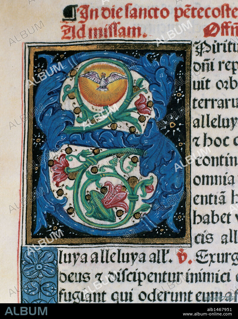 REPRESENTACION DEL "ESPIRITU SANTO EN FORMA DE PALOMA", en la LETRA CAPITULAR S del folio de un "MISAL" del siglo XVI, escrito en latín. Códice 9. Impreso en el año 1524 en la Imprenta Rosembach (Barcelona). Archivo Capitular de Tortosa. Provincia de Tarragona. Cataluña.