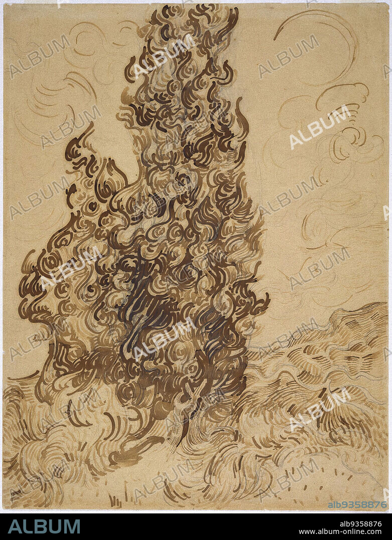 Cypresses, Les Cyprès, Vincent van Gogh, Dutch, 1853-1890, Brown ink and graphite on wove Latune et Cie Balcons paper, France, June 1889, 24 3/8 x 18 5/8 in., 61.9 x 47.3 cm, 1889, 19thC, black, brown, Cypresses, drawing, dutch, Dutch art, earth tones, graphite, ink, Latune et Cie Balcons paper, nature, ndd12, paper, pen, quill, reed pen, sky, swirls, trees, van Gogh, Vincent van Gogh, ceramic.