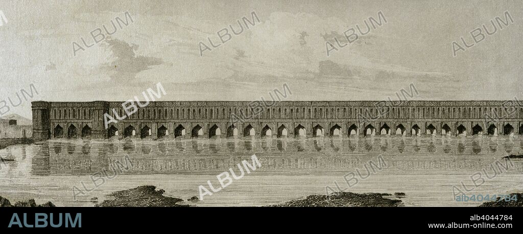 Persia, Isfahan. The Allahverdi Khan Bridge, also called Si-o-se-pol. It was built over the Zayanderud River, between 1599 and 1602 under the reign of Abbas I. Its construction was supervised by Allahverdi Khan Undiladze, commander in chief of the armies. Engraving by Lemaitre. Detail. Panorama Universal. History of Persia, 1851.