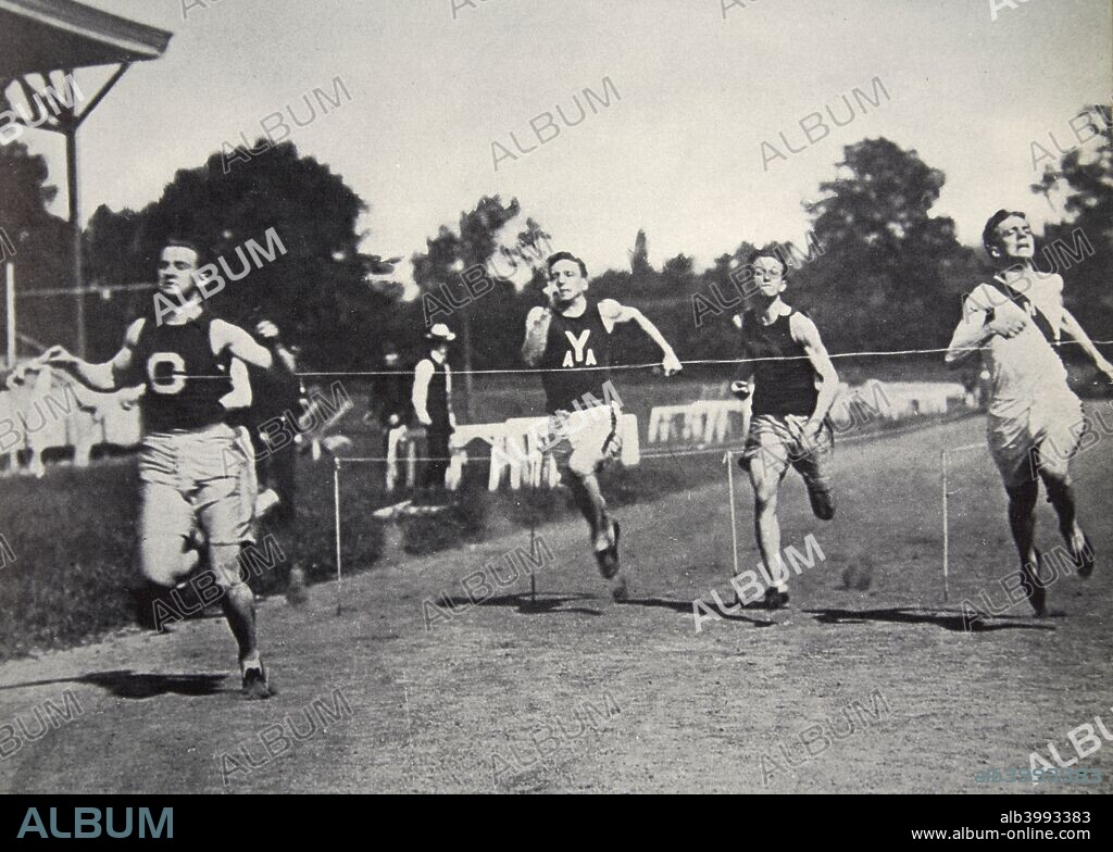 Arthur Duffey, American athlete, running a race, 1902. Duffey (1879-1955) competed in the 100 metres at the 1900 Olympic Games in Paris, finishing fourth.