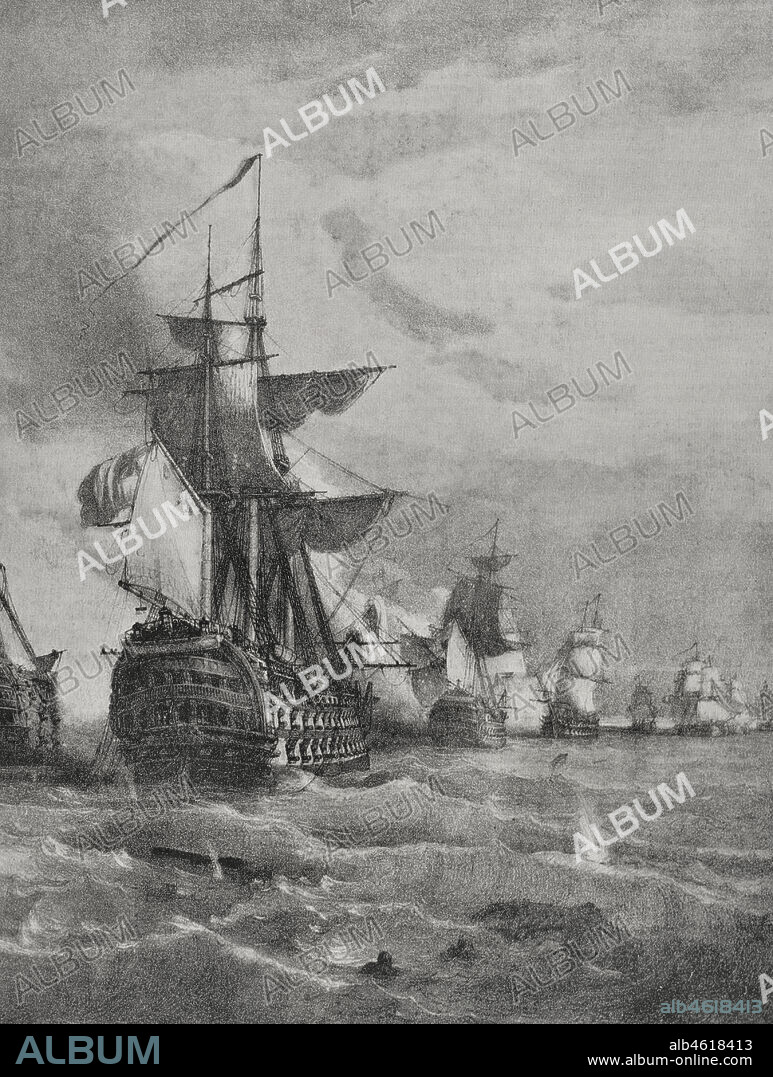 "Batalla de Trafalgar" (21 de octubre de 1805). Combate naval que enfrentó a España y Francia contra Gran Bretaña, bajo mando del teniente general español Federico Gravina, el almirante francés Villeneuve y el vicealmirante inglés Nelson. Guerra anglo-española (1804-1809). Tercera Coalición. Ilustración por Vallejo. Grabado por Laporta. La Ilustración Española y Americana, 1898.