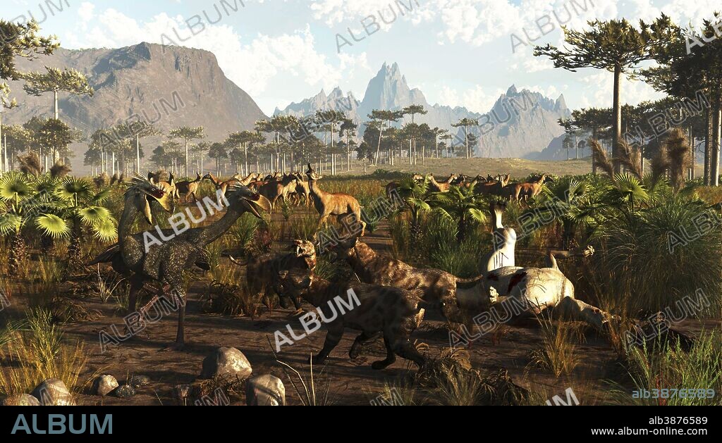 Northern Argentina about 2 million years ago. When a land bridge formed between North and South America there were species that moved south and north. In the south, the dominant predator had been the giant terror birds. Representing these viscious birds in this image is Phorusrhacos. The large Smilodons of North America, however, wandered into the south and over time became the dominant predator eventually displacing the giant flightless birds. An unusual looking quadroped of the time was Macrauchenia. Looking like a cross between a camel and tapir. They were common among the Pampas plains of that period.