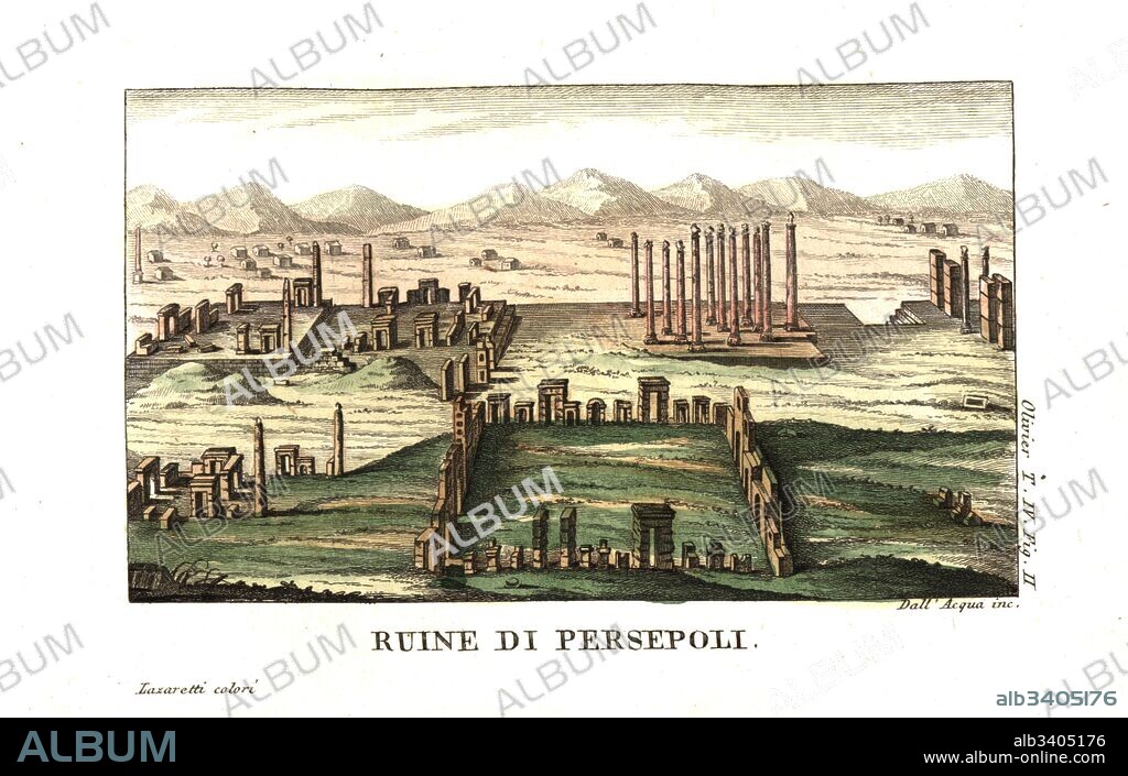 Ruins of Persepolis, or Takht-e-Jamshid, capital of the Achaemenid Empire. Illustration by Mounier from Guillaume-Antoine Olivier’s Travels in the Ottoman Empire, Egypt and Persia, 1801. Copperplate engraving by Dell'Acqua handcoloured by Lazaretti from Giovanni Battista Sonzogno’s Collection of the Most Interesting Voyages (Raccolta de Viaggi Piu Interessanti), Milan, 1815-1817.