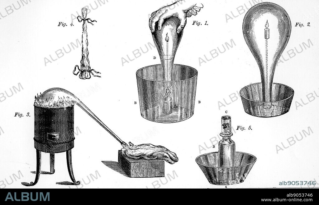 Carl Wilhelm Scheele (1742-1786), apparatus for investigating gases: from his Abhandlung von der Luft und dem Feur, 1777 (Chemical Observations and Experiments on Air and Fire). Scheele probably obtained what he called 'fire-air' (oxygen) in 1772, two years before Priestley. 1: Experiment in which hydrogen combines with oxygen in the air. 2: Burning candle in limited quantity of air. 3: Apparatus for collecting oxygen 4: Ox bladder for collecting gases, 5: Bee placed in inverted jar over basil of lime-water. As long as oxygen last: bee will live, and carbon dioxide will be absorbed by lime-water.