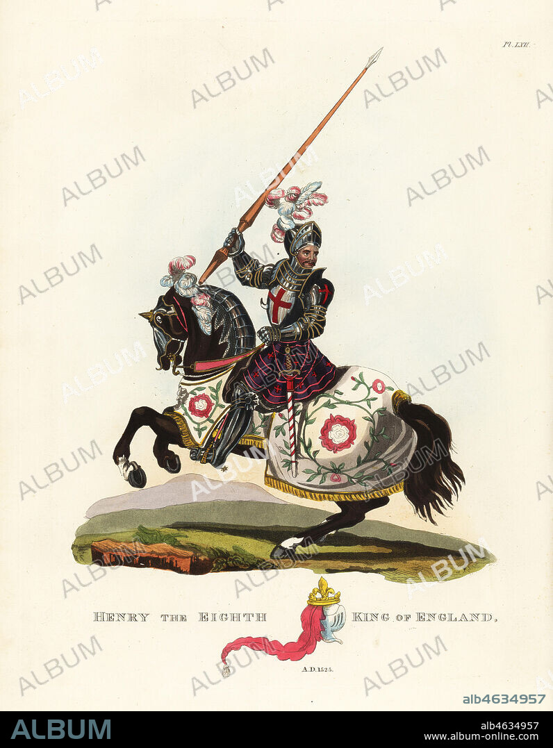 King Henry VIII of England, 1595. The king in blue steel armour edged with gold, pass-guards, gauntlets, breastplate and pauldrons with red cross, lamboys, visored helmet with plumes. Horse in manefaire, chainmail criniere, barding, caparison with Tudor roses. Handcoloured lithograph by Maddocks after an illustration by S.R. Meyrick from Sir Samuel Rush Meyrick's A Critical Inquiry into Antient Armour, John Dowding, London, 1842.