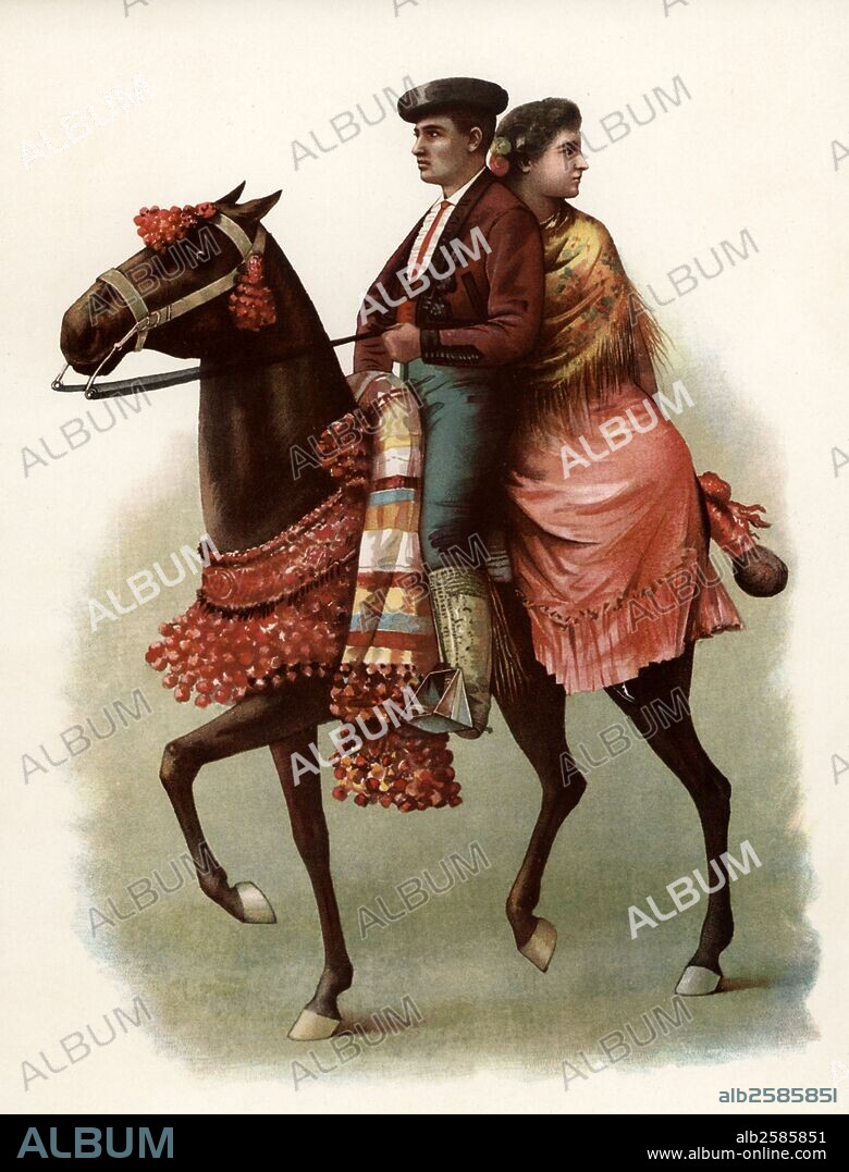 MANUEL MORENO RODRÍGUEZ. Tipos españoles. Pareja jerezana montada a caballo enjaezado. Madrid, años 1880.