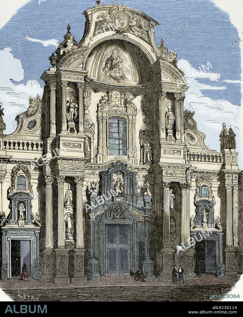 España. Murcia. Fachada principal de la Catedral, realizada entre 1737-1754 en estilo barroco. Dibujo por Letre. Grabado por Capuz. Coloreado. Crónica General de España, Historia Ilustrada y Descriptiva de sus Provincias. Región de Murcia, 1870.