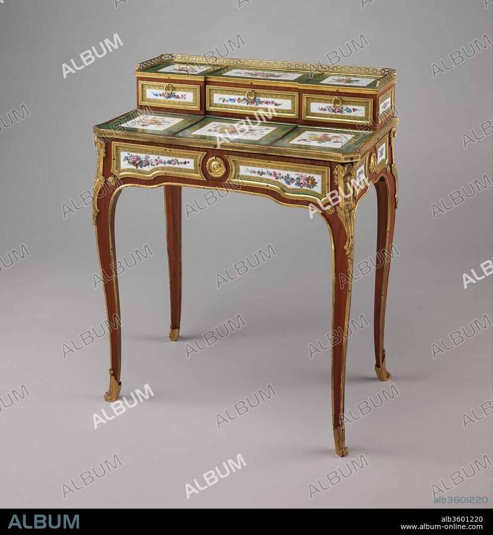 Small writing desk (bonheur-du-jour). Culture: French, Paris and Sèvres. Decorator: Jean-Jacques Pierre the Younger (French, active 1763-1800). Dimensions: Overall: 32 1/2 × 25 7/8 × 16 in. (82.6 × 65.7 × 40.6 cm). Factory: Porcelain plaques by Sèvres Manufactory (French, 1740-present). Maker: Martin Carlin (French, near Freiburg im Breisgau ca. 1730-1785 Paris). Date: ca. 1774.
The 1795 inventory of furniture belonging to Louis XVI's sister-in-law, Marie-Thérèse of Savoy, comtesse d'Artois (1756-1805), gives a description of a similar desk, or bonheur du jour, which may refer to this piece. The drawer has a compartment that originally held an inkwell, a sponge trough, and box for sand. Its hinged writing surface could be lifted up, and writing implements could be stored underneath.