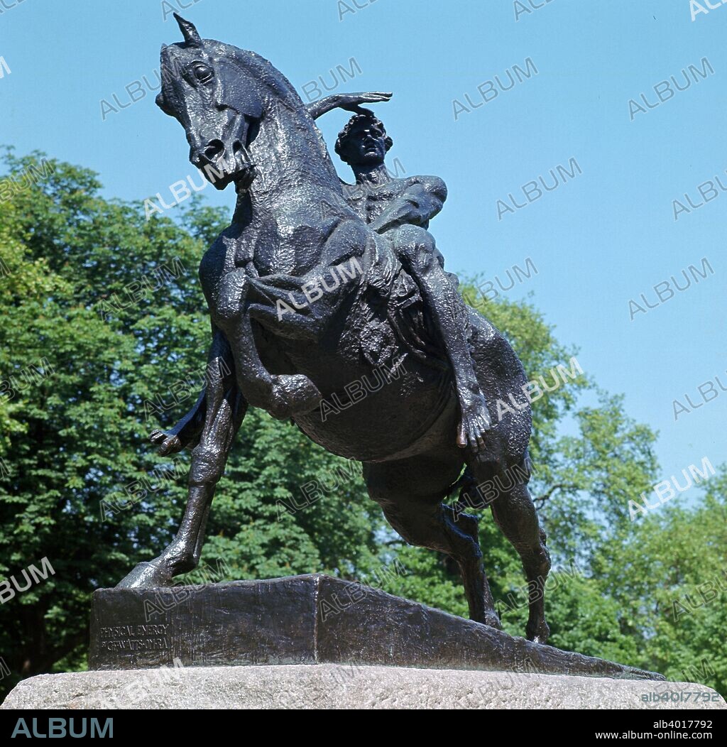 Physical Energy by G. F. Watts (23 February 1817 - 1 July 1904), in Kensington Gardens, London. G. F. Watts was a popular Victorian sculptor and painter in the Symbolist movement, 1900s.