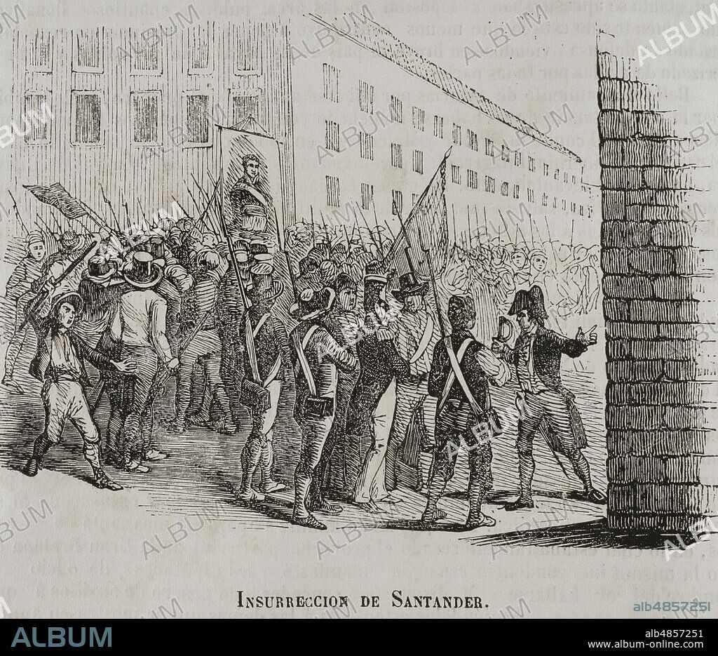 España. Santander. Invasión napoleónica. El prelado Rafael Menéndez de Luarca publicó un escrito el 22 de mayo de 1808 exaltando a empuñar las armas a los ciudadanos cántabros contra el ejército francés. Tras cuatro días, un insignificante incidente en la calle entre un francés y el padre de una niña santanderina a la que reprendió, provocó un amotinamiento de la ciudadanía. Las campanas de la catedral tocaron a rebato y los tambores del regimiento provincial de Laredo, que guarnecía la ciudad, llamaron a generala. Las autoridades armaron a los ciudadanos que pudieron y los pusieron al mando de José Velarde, coronel de la provincia de Laredo. Al día siguiente nombraron presidente de la Junta Suprema de Santander al Prelado Menéndez de Luarca. "Insurrección de Santander". Grabado. Historia del Levantamiento, Guerra y Revolución de España. Madrid,1852.