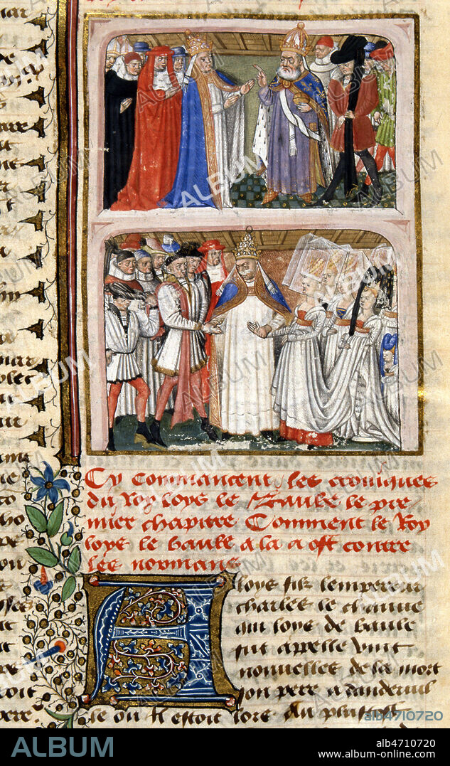 En haut : rencontre du Pape JEAN VII et de LOUIS II LE BEGUE (846-879), au Concile de Troyes en 878. en bas : mariage de CARLOMAN (828-880), fils de Louis II le Begue, et de la fille de Boson, roi de Provence (9e, 9eme, IXe s.). Enluminure tiree des Grandes chroniques de France, vers 1450. Manuscrit medieval conserve a la bibliotheque municipale de Chateauroux. Ms 5 f°166. Credit : Collection JEAN VIGNE / KHARBINE-TAPABOR.