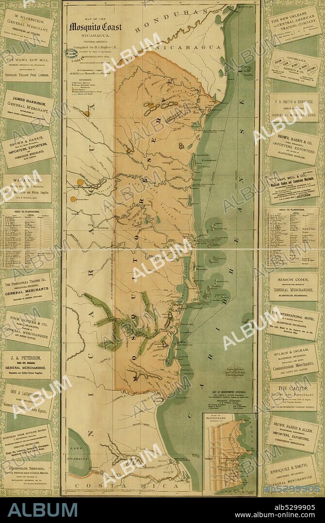 Map of the Mosquito Shore, Nicaragua, Central America.