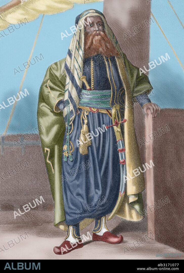 BARBARROJA. Sobrenombre del corsario turco Jayr al-Dim (1483-1546). Al servicio del Imperio Otomano, gobernó en Argel y fue firme aliado de Francisco I de Francia en sus guerras mediterráneas contra Carlos V (1543). Grabado coloreado del siglo XIX.