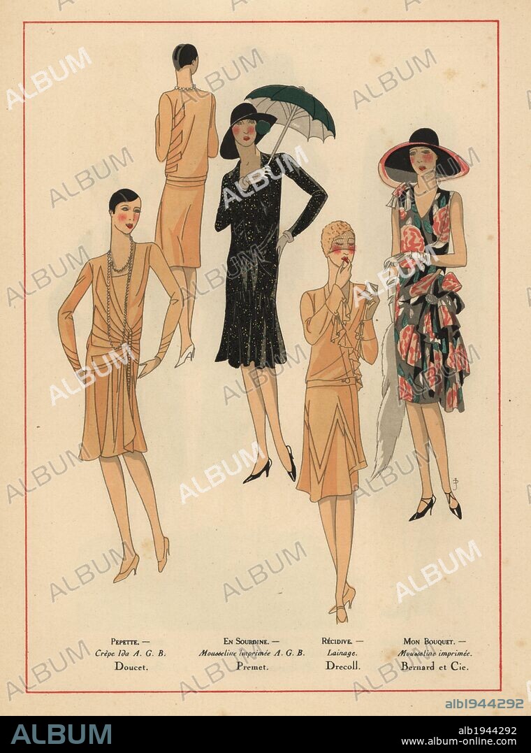 Women's fashion from 1928: dresses in beige crepe, printed chiffon, wool and floral print chiffon. Short bob hairstyles, wide-brim hats, parasols.. Handcolored pochoir (stencil) lithograph from the French luxury fashion magazine "Art, Gout, Beaute" 1930.