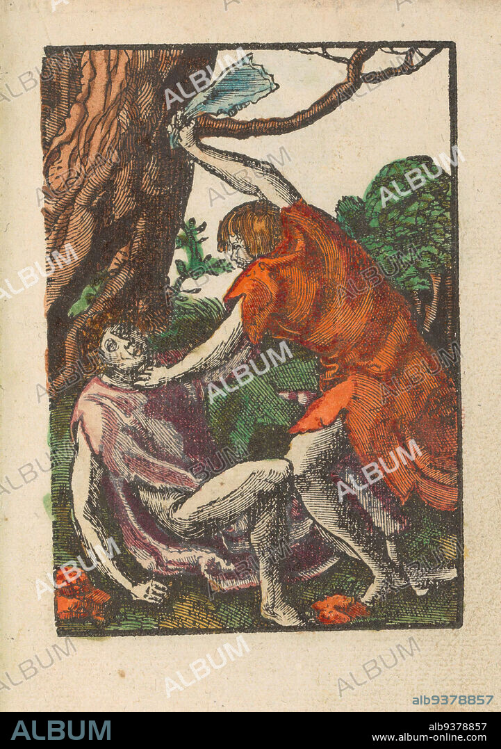 Cain kills Abel, Stupid Passion (series title), Cain beats his brother Abel to death with the jawbone of a donkey. Print is part of a book., print maker: Lucas van Leyden (workshop of), publisher: Doen Pietersz., print maker: Low Countries, publisher: Amsterdam, c. 1530, paper, height 111 mm × width 78 mmheight 159 mm × width 102 mm.