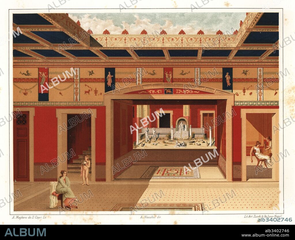 House of Marcus Lucretius, Reg IX, Ins 3, 5, 24, Pompeii. View of the courtyard with impluvium, tablinum with mosaic floor, and raised garden with statue of Sylenus fountain, and figures of satyrs and cupids. Naked servant girl bringing a box to her mistress. Chromolithograph by D. Capri after an illustration by A. Magliano from Antonio Niccolini’s Pompeii: Views and Restorations (Pompeii: Essaies et Restaurations), published by Zucchi & De Luca, Naples, 1898. Antonio was grandson of the architect Antonio Niccolini Sr.