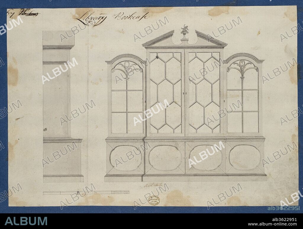 Library Bookcase, from Chippendale Drawings, Vol. II. Artist: Thomas Chippendale (British, baptised Otley, West Yorkshire 1718-1779 London). Dimensions: sheet: 8 11/16 x 12 5/8 in. (22.1 x 32.1 cm). Published in: London. Date: 1753.
Preparatory drawing for Thomas Chippendale's 'Gentleman and Cabinet Maker's Director'. Published in reverse as plate LXVII in the 1754 and 1755 editions, renumbered as plate XCIII in the 1762 edition.