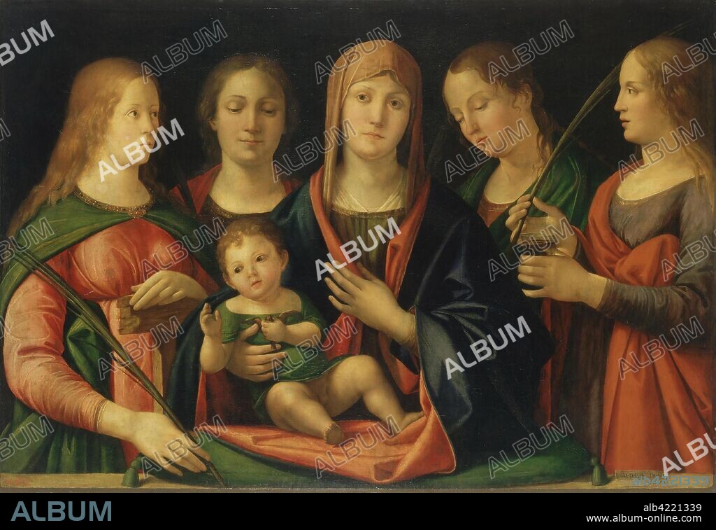 ALVISE VIVARINI. 'Madonna and Child, with Sts Mary Magdalene, Catherine and Two Saints'. Italy, 1490s. Dimensions: 89x129 cm.