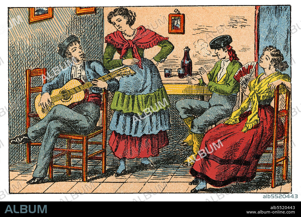 Dibujo popular de tipos españoles. Andaluces. Litografía Paluzie, de Barcelona, años 1910.