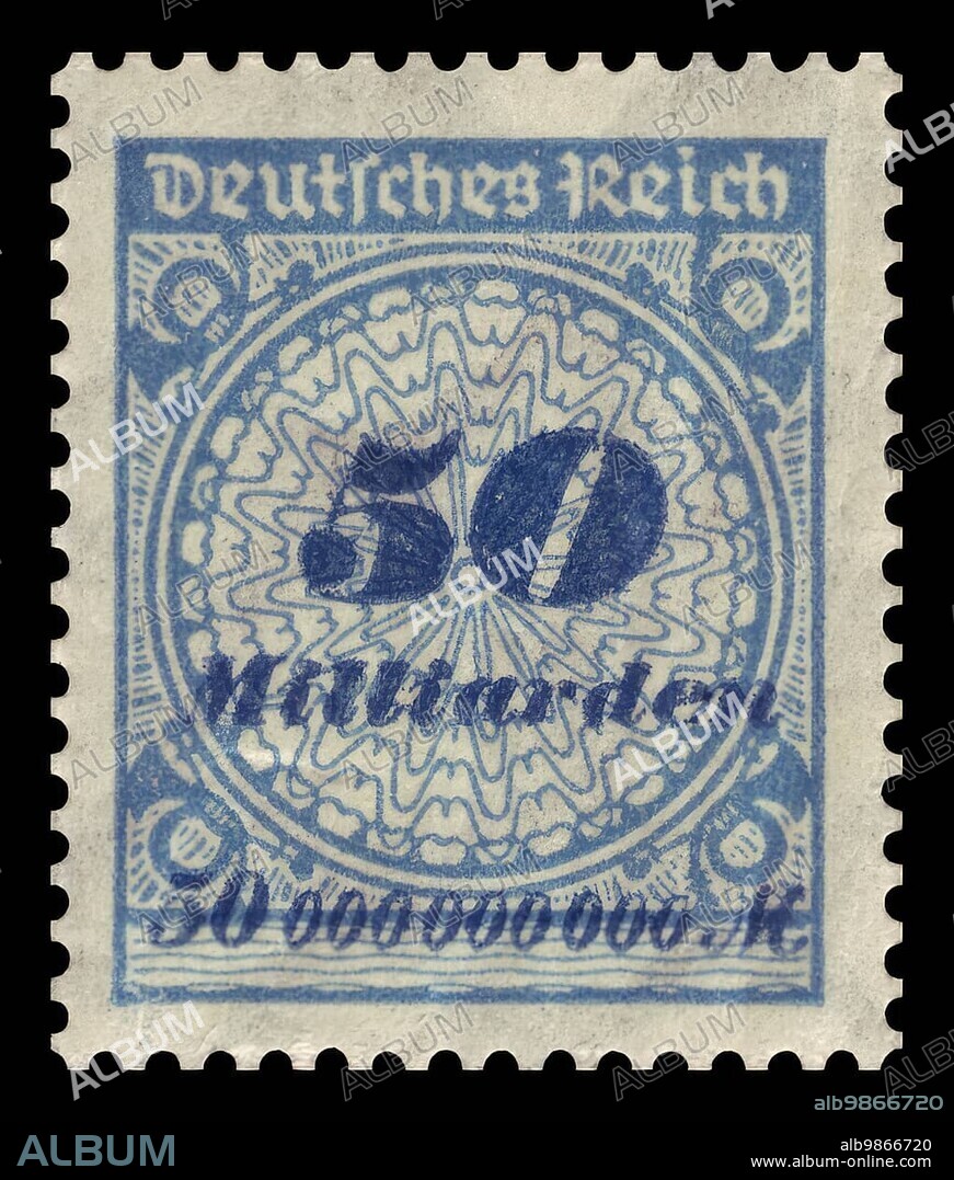 Historic stamp, German Reich, inflation, hyperinflation, inflation stamp, stamp at 500000000, fifty billion, Mark, 1923, Germany, Historic, digitally prepared reproduction of an original from that time, Europe.