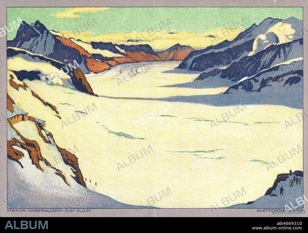 'Station Jungfraujoch. 3457 m.' Brochure publicitaire pour une station de ski en Suisse, vers 1920. Illustration par E.E. SCHLATTER. Credit : Collection IM/KHARBINE-TAPABOR.