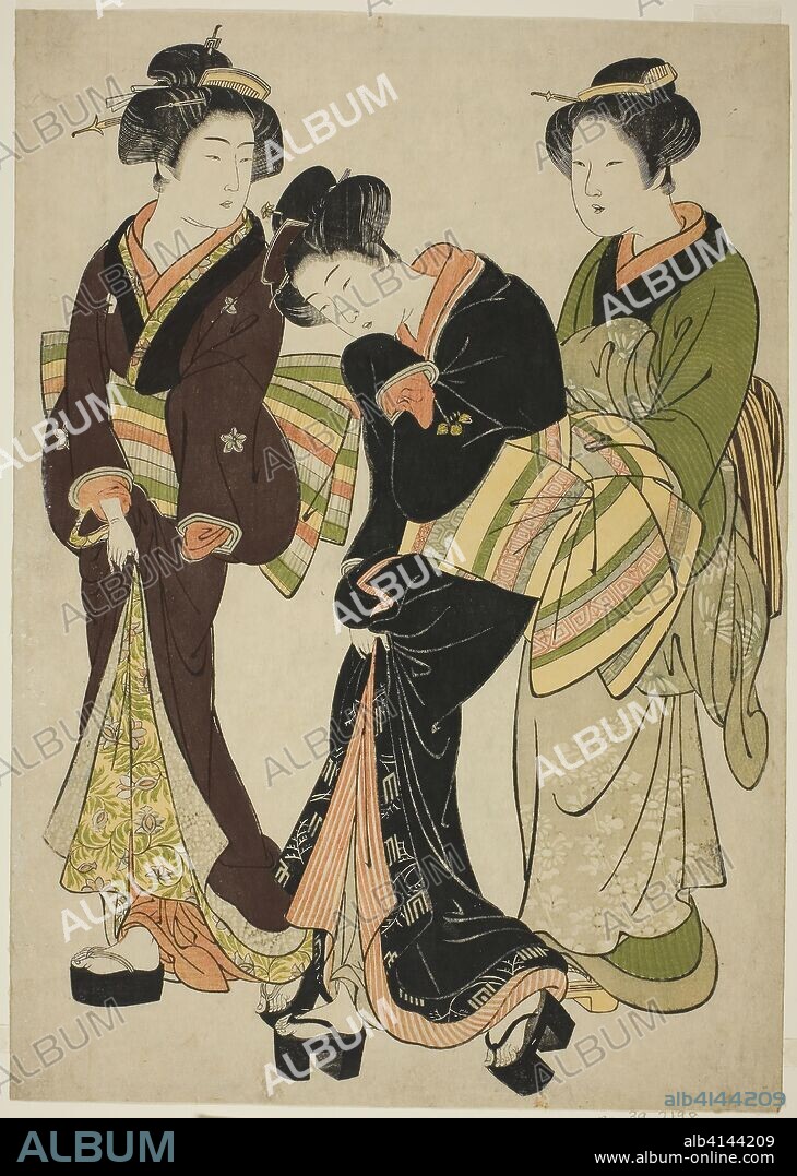 Two Entertainers and a Maid. Attributed to Kitao Shigemasa; Japanese, 1739-1820. Date: 1772-1782. Dimensions: 37.1 x 26.4 cm. Color woodblock print; oban. Origin: Japan.