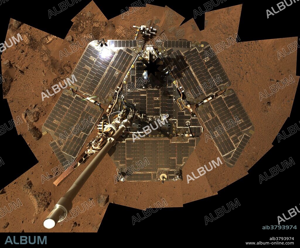 Self-portrait of NASA's Mars Exploration Rover Spirit shows the solar panels still gleaming in the Martian sunlight and carrying only a thin veneer of dust two years after the rover landed and began exploring the red planet. Spirit's panoramic camera took this mosaic of images on the 586th sol, or Martian day, of exploration (Aug. 27, 2005), as part of a mammoth undertaking that resulted in the largest panorama ever acquired by Spirit. This image is a subset of that panorama, showing just the rover. The vertical projection used here produces the best view of the rover deck itself, though it distorts the ground and antennas somewhat. This image is an approximate true-color rendering that combines images taken through the camera's 600-nanometer, 530-nanometer and 480-nanometer filters.