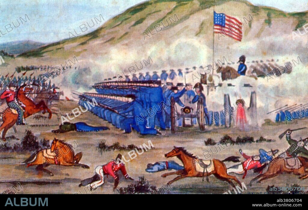 Detail of Battle of La Mesa made shortly afterwards by solider who participated. Kearny is seen on horse, commanding the battle. The Battle of La Mesa, during the Mexican-American War, occurred on January 9, 1847. The battle was a victory for the US Army under Commodore Stockton and General Kearny. They encountered General Flores' 300 strong force of Californio militia, including artillery, near where the city of Vernon now stands, about four miles south of Los Angeles. The Californian guns were ineffective, while the American guns responded from their square as the Americans advanced. Flores extended his line and brought up two more guns. Stockton halted and formed his guns into a single battery. After fifteen minutes, Stockton's fire drove the Californian artillery from effective range. Flores sent his lancers against the American left flank but were driven back; most of his men deserted, allowing the Americans to advance into Los Angeles. The battle was the last armed resistance to the American conquest of California, and General JosÃ© MarÃ­a Flores returned to Mexico afterward.