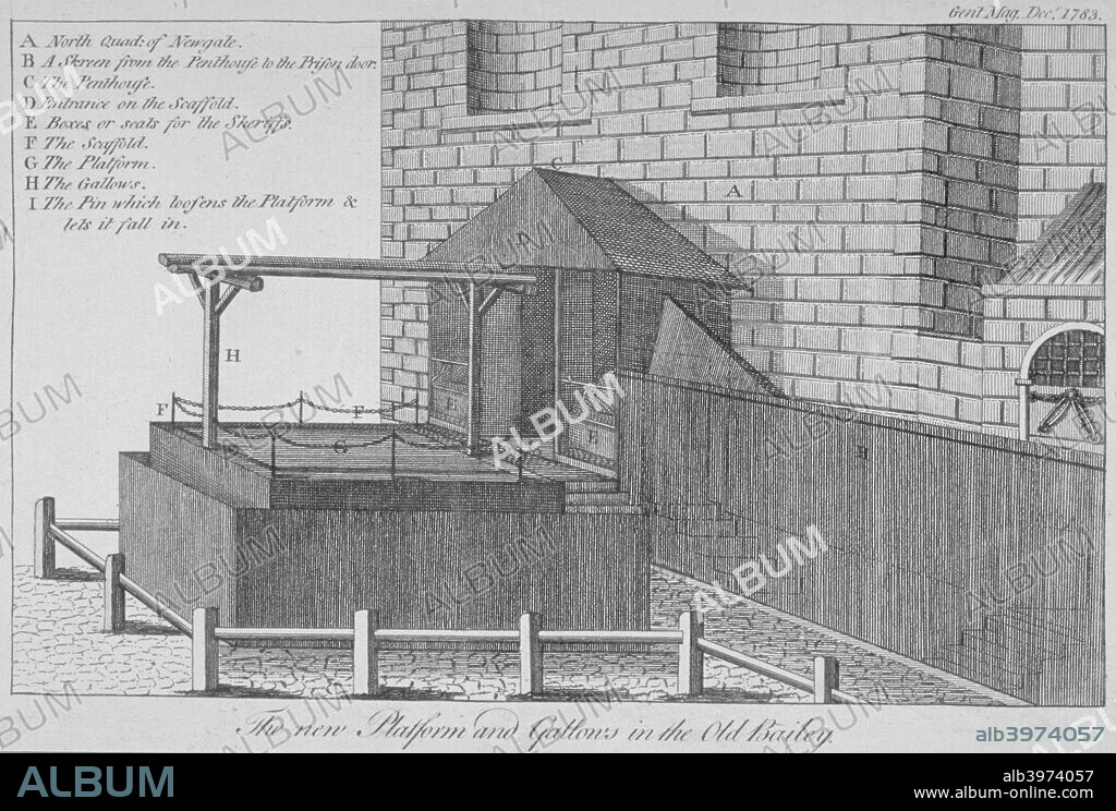The platform and gallows at Newgate Prison, Old Bailey, City of London, 1783.