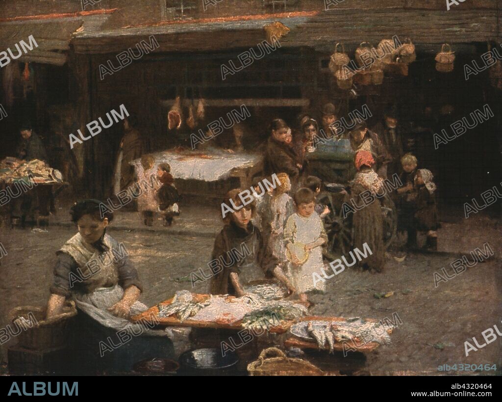 WALTER FREDERICK OSBORNE. 'The Fish Market, Patrick Street, Dublin', late 19th century, (c1930). Street scene in Dublin, Ireland. From "Modern Masterpieces of British Art". [The Amalgamated Press Ltd., London, c1930].