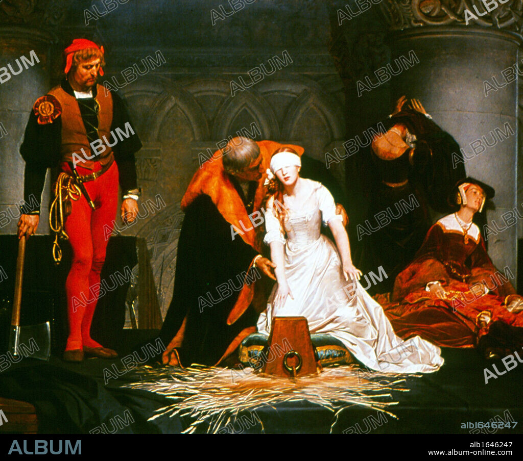 The Execution of Lady Jane Grey' (1537-1554): painting by Paul Delaroche (1797-1856). 'The Nine Days Queen', a granddaughter of Henry VII, after the death the Protestant  Edward VI, her father-in-law proclaimed her queen.  Henry VIII's elder daughter's claim was stronger and she was crowned Mary I.  Jane was  beheaded 12 February 1554.  Painting  of 1833 by Paul Delaroche (1797-1856) French historical painter.