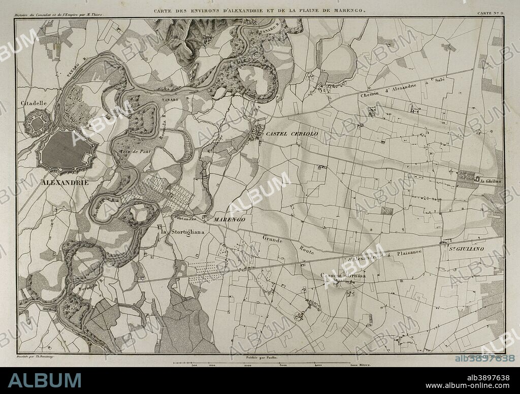 Mapa de los alrededores de Alessandria della Paglia y de la llanura de Marengo (Piamonte Italiano). En esta zona acaeció en 1800, durante la Guerra de la Segunda Coalición, la Batalla de Marengo entre tropas francesas y austríacas. Historia del Consulado y del Imperio de Napoleón (Atlas de l'Histoire du Consulat et de l'Empire). Obra de Marie Joseph Louis Adolphe Thiers (1797-1877). Dibujos realizados por Dufour y grabados por Dyonnet. Editado en París, 1864. Biblioteca Histórico Militar de Barcelona. Cataluña, España.