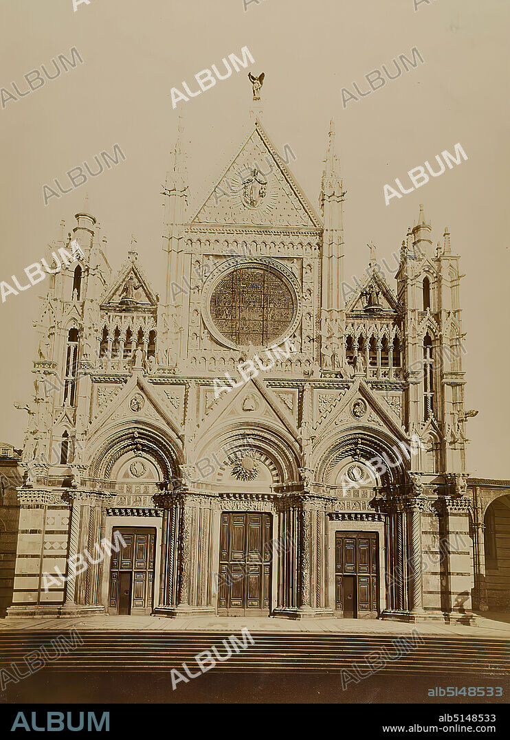 Paolo Lombardi, main facade of the Cathedral of Siena, albumin paper, black and white positive process, sheet size: height: 33,60 cm; width: 24,50 cm, stamp engraving: recto and left: blind stamp: P. Lombardi, Fotografo, Siena, inscribed: recto on the cardboard: Facade of the Cathedral according to, Giovanni Pisano 1270-1370, Siena, architectural photography, facade (church building), portal (church building), facade decorations (architecture), hist. Building, locality, street, exterior of a church, Siena.