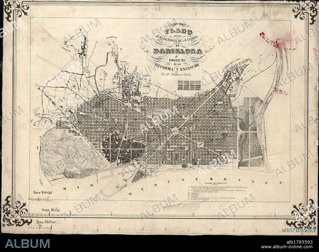 Cataluña. Siglo XIX. Plano de los alrededores de Barcelona y proyecto de su reforma y ensanche por Ildefons Cerdà i Sunyer, (Centellas, 1815-Las Caldas del Besaya, 1876). Año 1860.