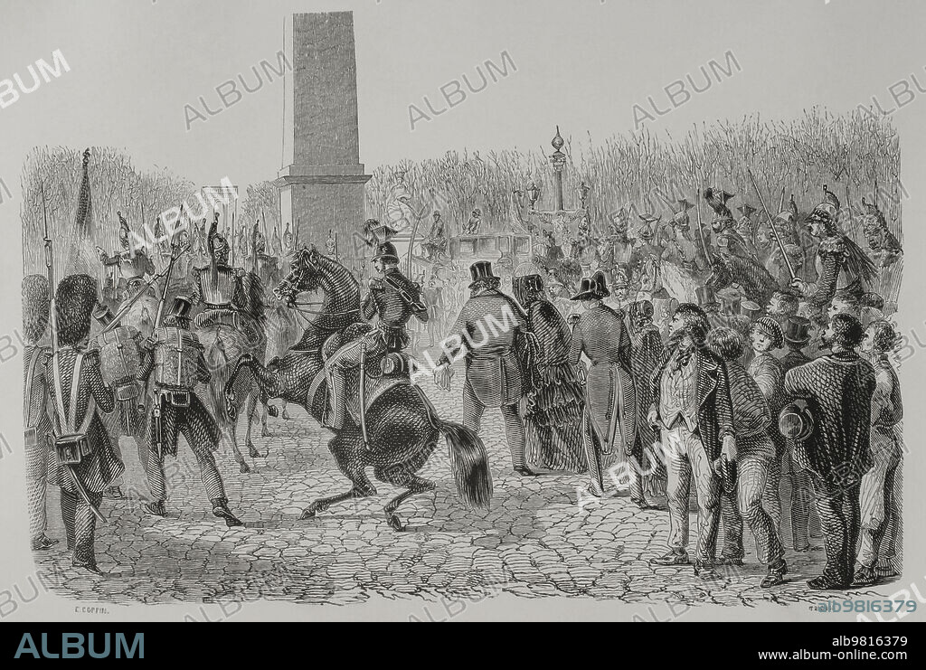 AUGUSTE TRICHON (1814-1898). FRENCH ENGRAVER.. Revolución francesa de 1848. El pueblo de París se levantó en armas durante los días 23 y 24 de febrero de 1848, provocando la abdicación del rey Luis Felipe I (1773-1850). La muchedumbre asalta las Tullerias el 24 de febrero de 1848, por la negativa del rey a conceder el sufragio universal. Luis Felipe I y su familia huyendo de París. Grabado por E. Coppin y Trichon. "Los Héroes y las Grandezas de la Tierra". Tomo V, 1855.