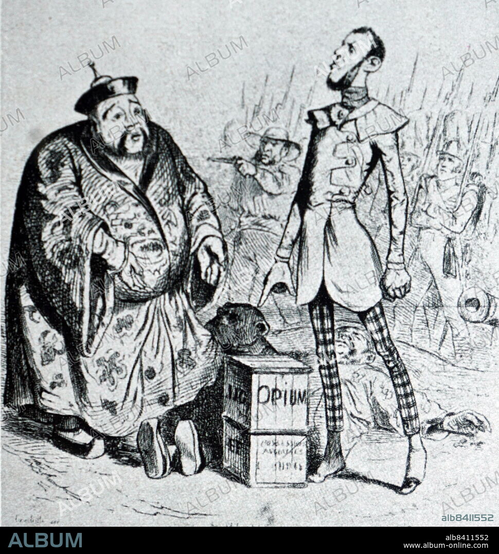 Warrum England den Opiumkrieg entfesselte. Cartoon illustration from the Opium War. The Anglo-Chinese War, also known as the Opium War or the First Opium War, was a series of military engagements fought between Britain and the Qing dynasty between 1839 and 1842.