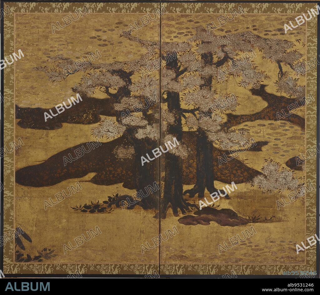KANO SANRAKU. Blossoming cherry trees. Origin: Japan. Period: Edo period. Date: 1615-1868. Gold, ink, and tint on paper.