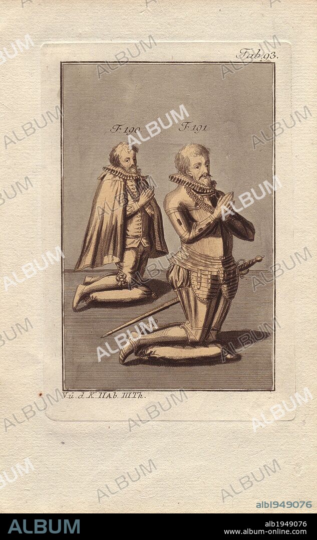 Effigies of knights from a tomb shown kneeling in prayer.. . In the German version, this plate is labeled as "a knight and his son," but in the French edition, it is described as "the manner of placing knights in the tomb. In ancient monuments, knights and their wives were often placed in the attitude shown here.". . Handcolored copperplate engraving of a knight from a religious military order from Robert von Spalart's "Historical Picture of the Costumes of the Principal People of Antiquity and of the Middle Ages" (1796).