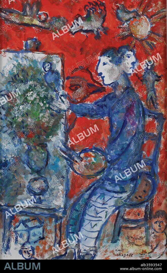 MARC CHAGALL. Peintre (autoportrait) en double profil sur fond rouge au chevalet.