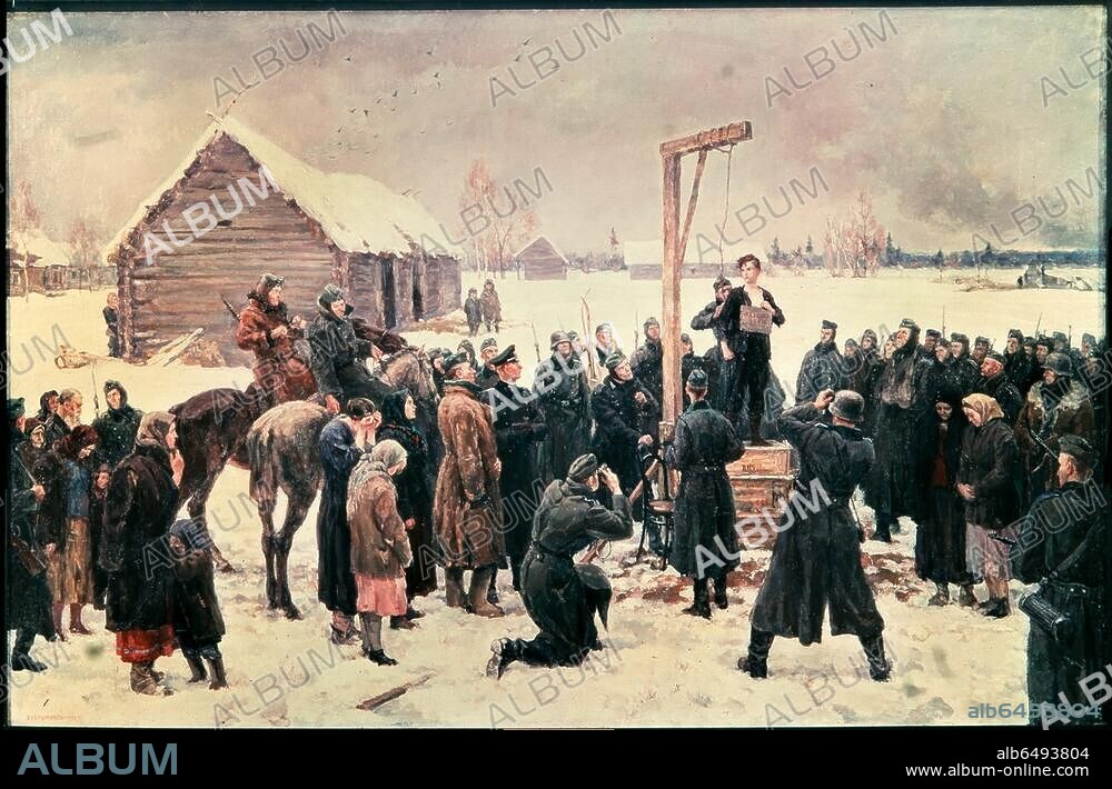 Geschichte: 2. Weltkrieg / Ostfront.-"Tanja".-Gemälde, 1942, des sowjetischen Kollektivs "Kukryniksy" (M.W.Kuprijanow, P.N.Krylow und N.A.Sokolow). Öl auf Leinwand.